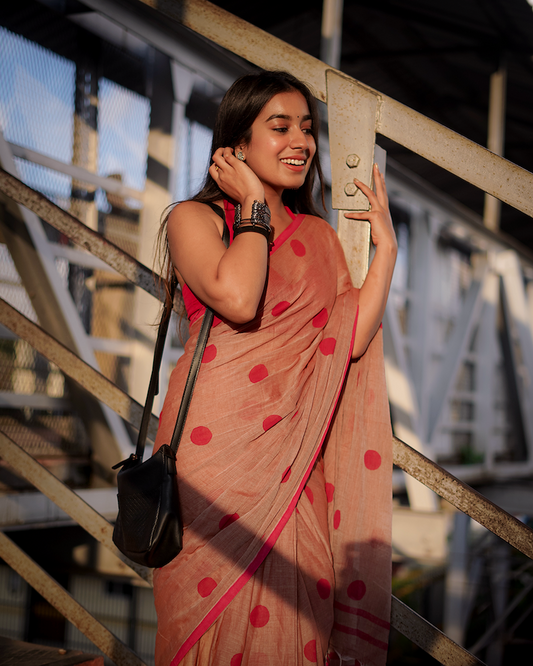 Cinnamon Polka Dots Mul Cotton Saree with tassels