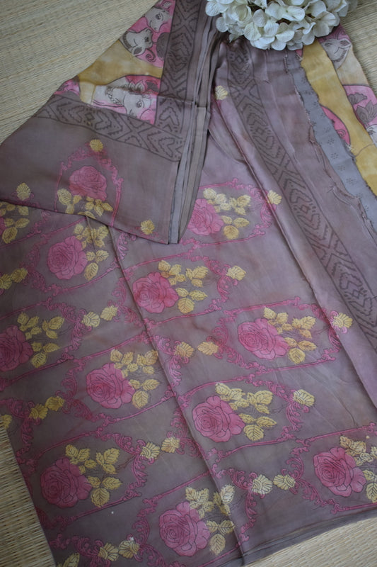 Yellow Pomegranate Peel Print Modal Silk Saree