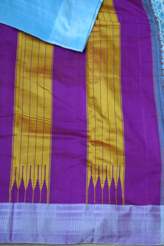 Sky Blue Ilkal Viscose Saree with Chikki Paras Border