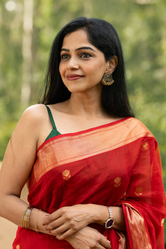 Red Maheshwari Silk Cotton Saree