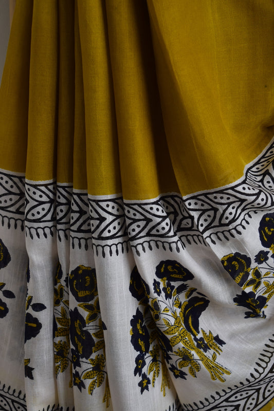 Mustard Yellow Printed Linen Cotton Saree