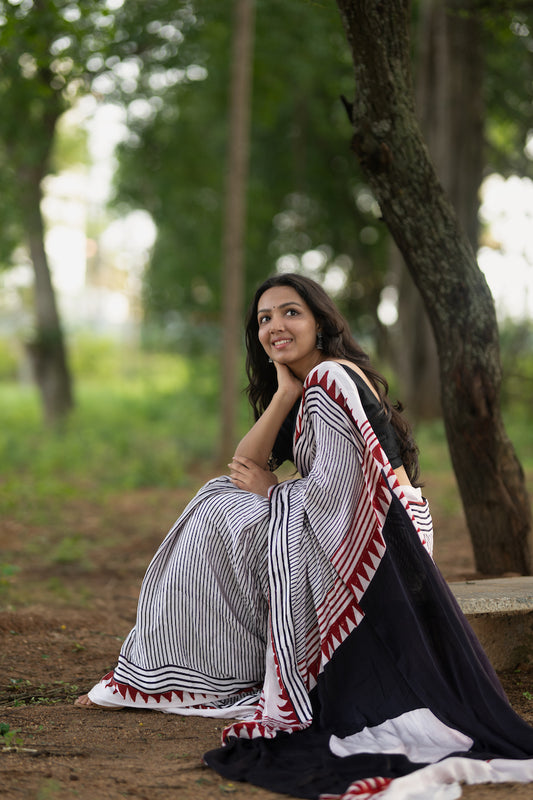 White Modal Silk Ajrakh Saree