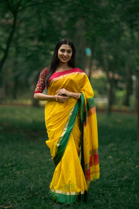 Yellow Maheshwari Silk Cotton Saree
