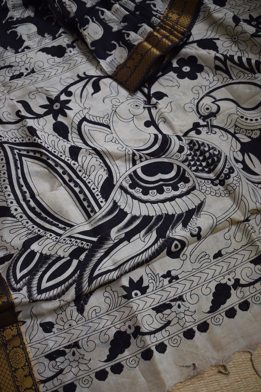 Black Kalamkari Chennuri Silk Saree with Mangalagiri Border