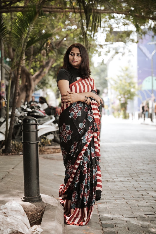 Black Modal Silk Ajrakh Saree