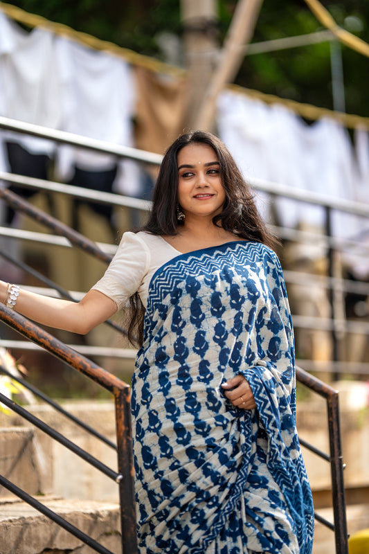 Indigo Printed Mul Cotton Saree
