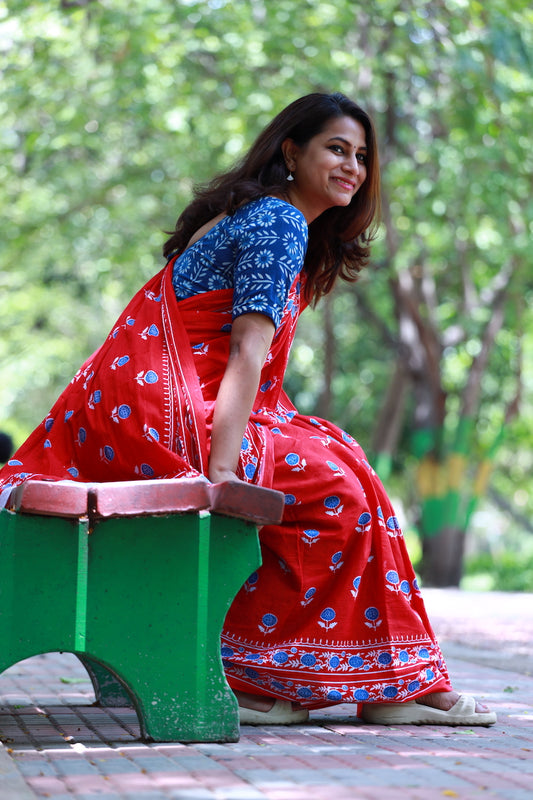 Red Bagru Printed Mul Cotton Saree
