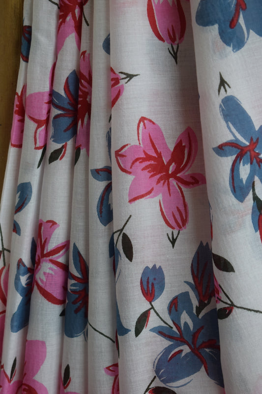 White Printed Mul Cotton Saree
