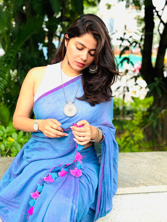 Blue  Mul Cotton Saree with tassels