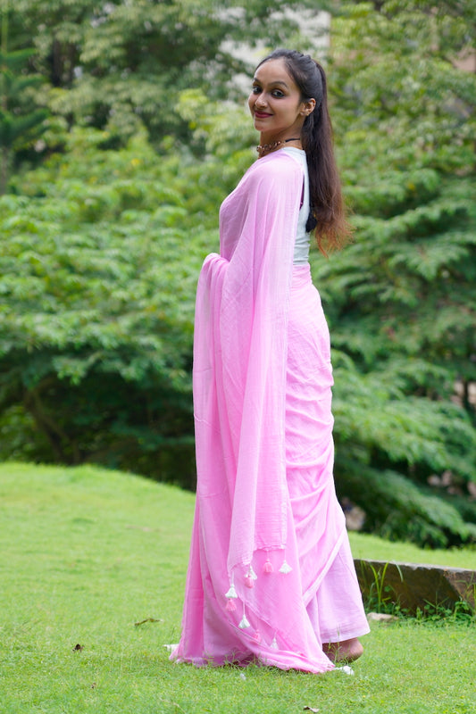 Baby Pink Mul Cotton Saree with tassels