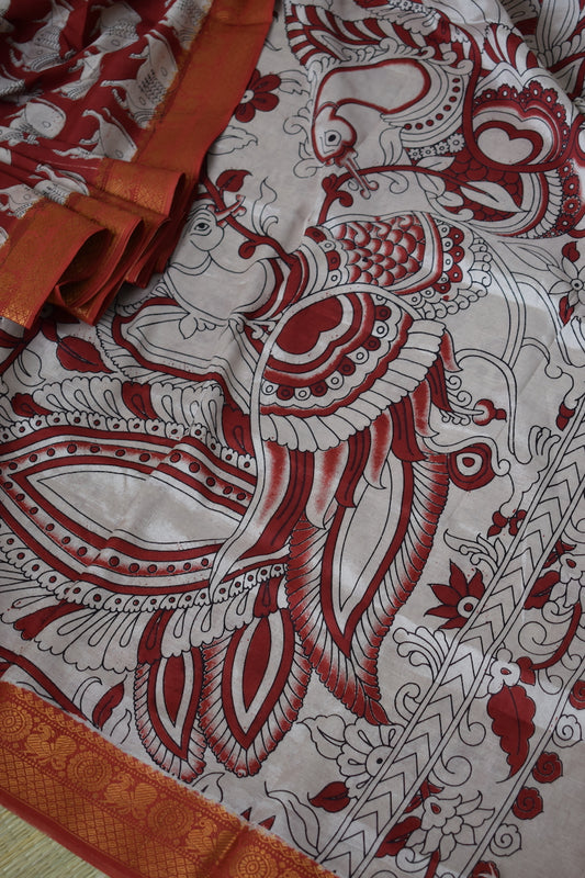 Red Kalamkari Chennuri Silk Saree with Mangalagiri Border