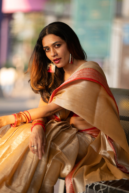 Tan Tissue Cotton Saree With Border