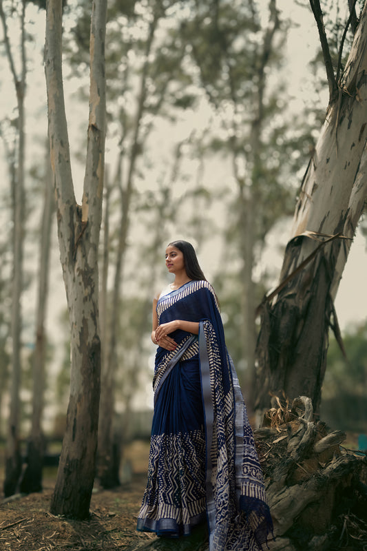 Indigo Printed Linen Cotton Saree