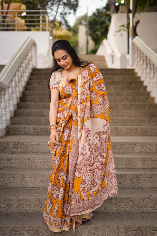 Yellow Cotton Kota Doriya Kalamkari Saree