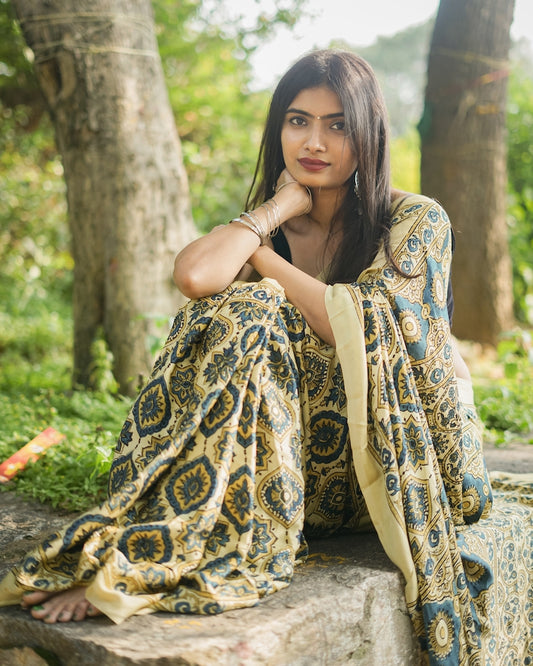 Light Yellow Modal Silk Half and Half Saree
