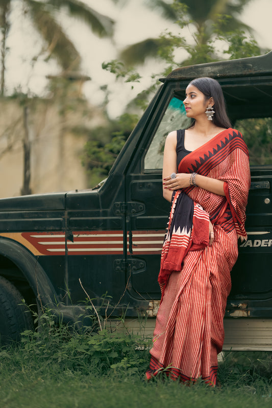 Red Modal Silk Ajrakh Saree