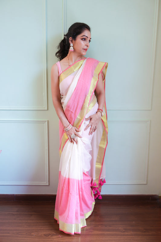 White Mul Cotton Saree with tassels