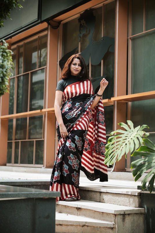 Black Modal Silk Ajrakh Saree