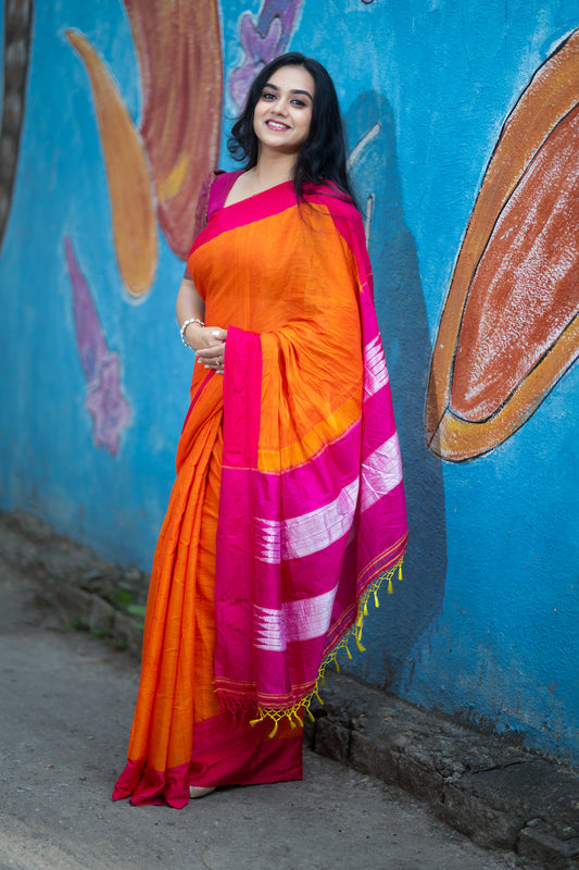 Orange Ilkal Viscose Saree with Chikki Paras Border