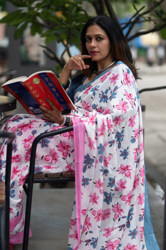 White Printed Mul Cotton Saree
