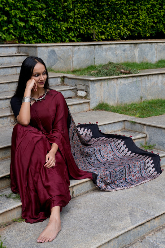 Maroon Modal Silk Saree with Ajrakh Pallu