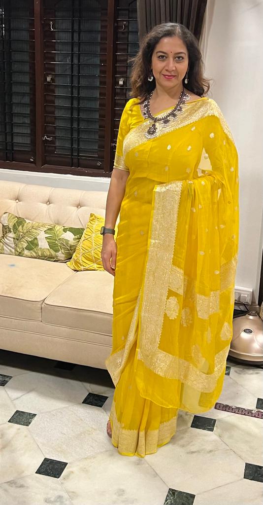 Canary Yellow Kora Organza Buti Benarasi Saree