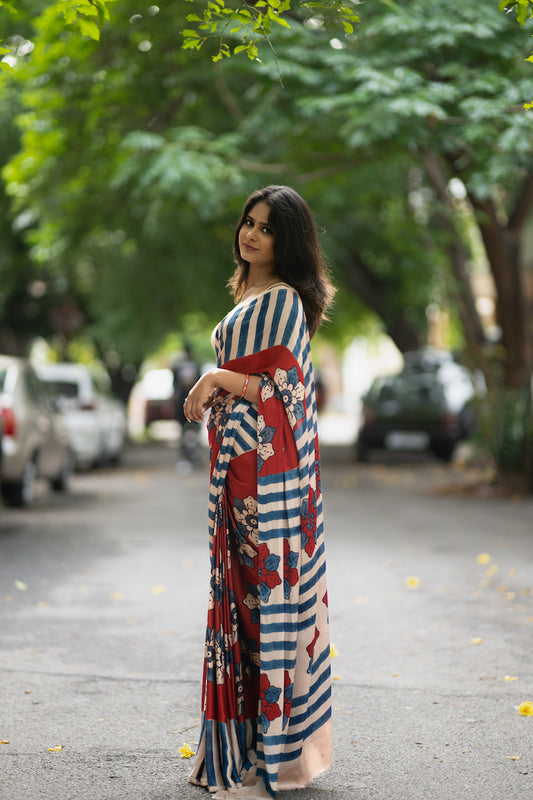 Red Modal Silk Ajrakh Saree