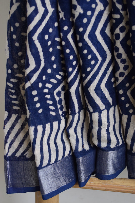 Indigo Printed Linen Cotton Saree