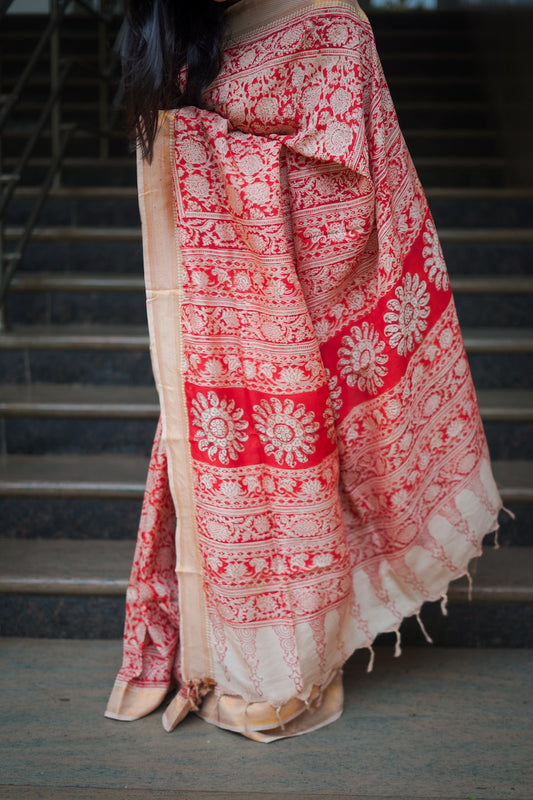Red Kalamkari Chennuri Silk Saree with Nizam Border