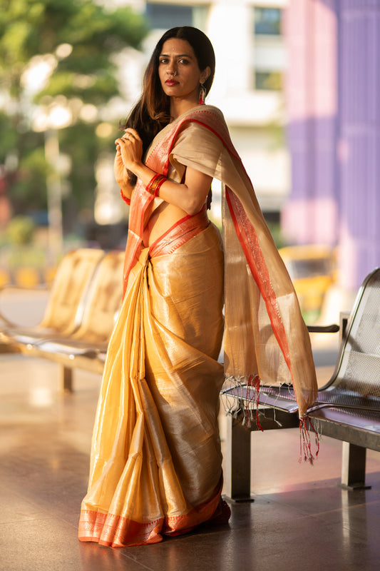 Tan Tissue Cotton Saree With Border