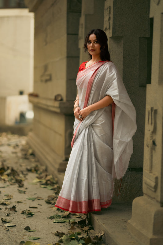 White Tissue Cotton Saree With Border