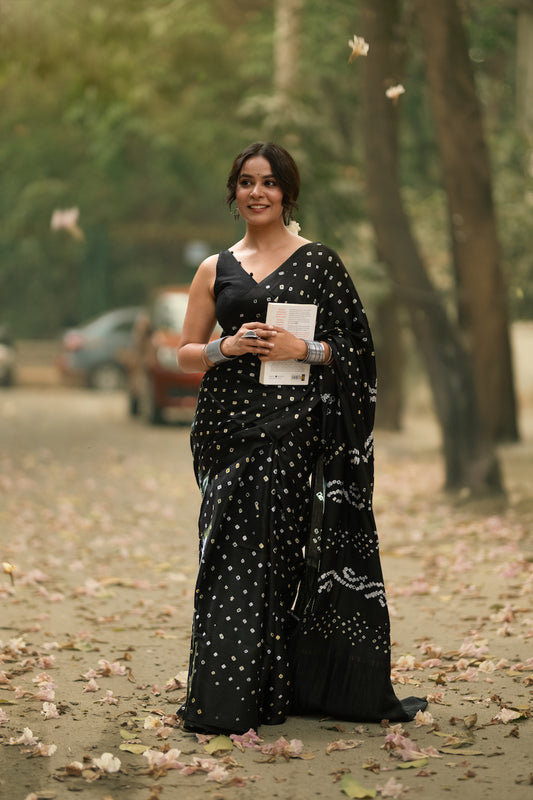 Black Modal Silk Bandhani Saree