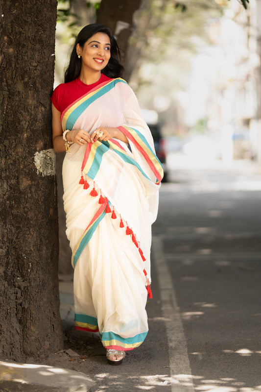 Off White Mul Cotton Saree with tassels