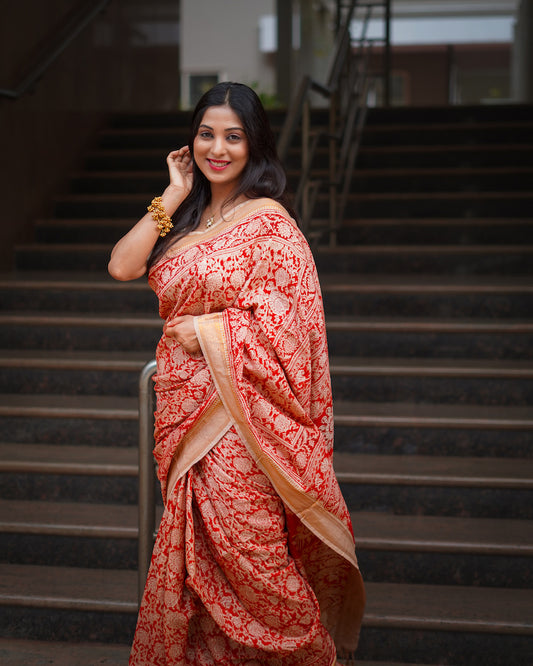 Red Kalamkari Chennuri Silk Saree with Nizam Border