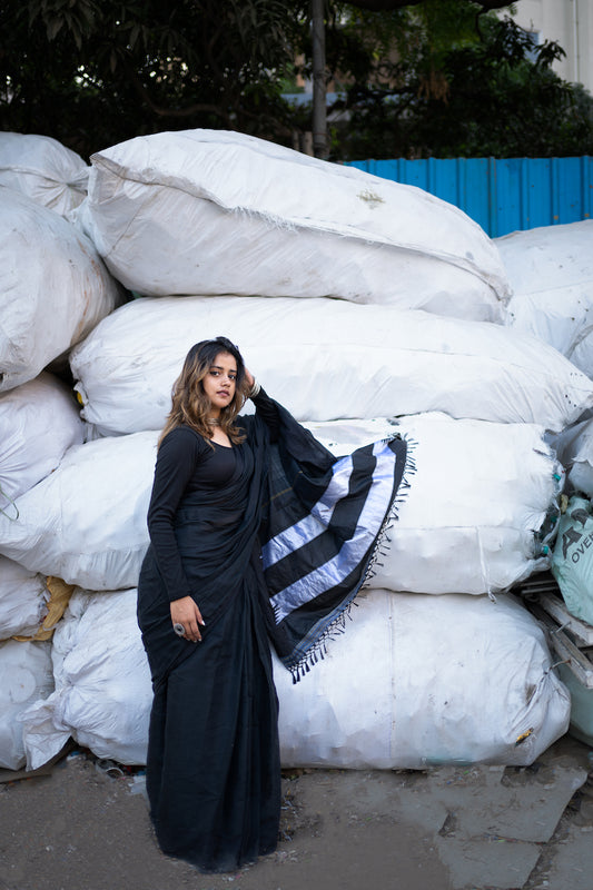 Black Ilkal Viscose Saree with Chikki Paras Border