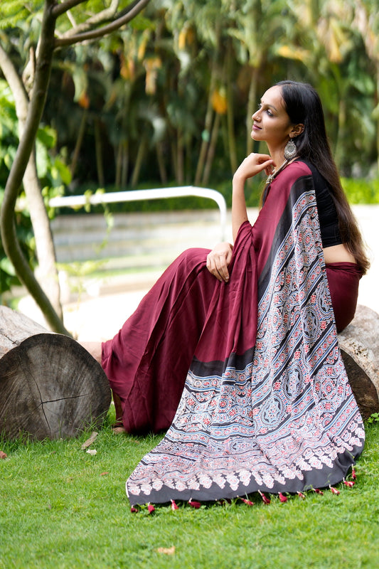 Maroon Modal Silk Saree with Ajrakh Pallu