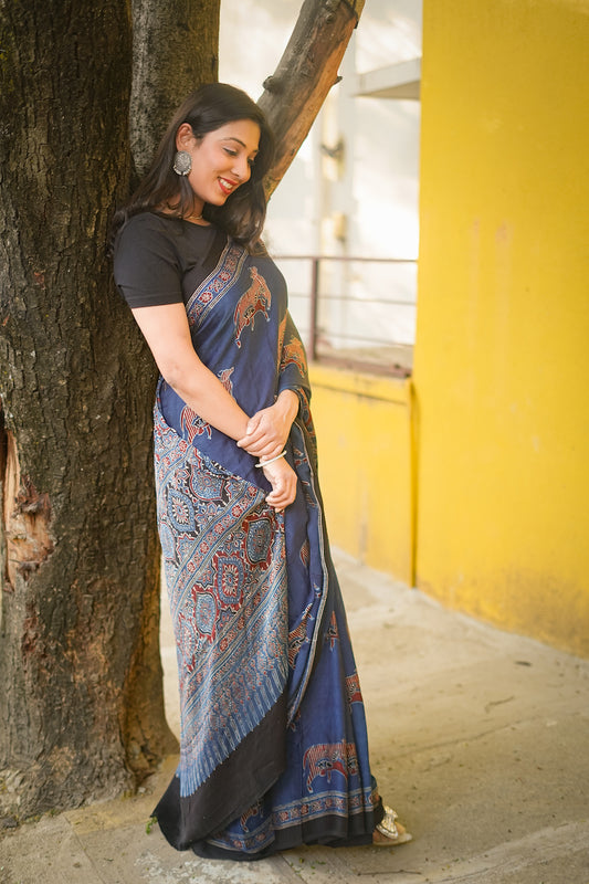Indigo Ajrakh Modal Silk Saree