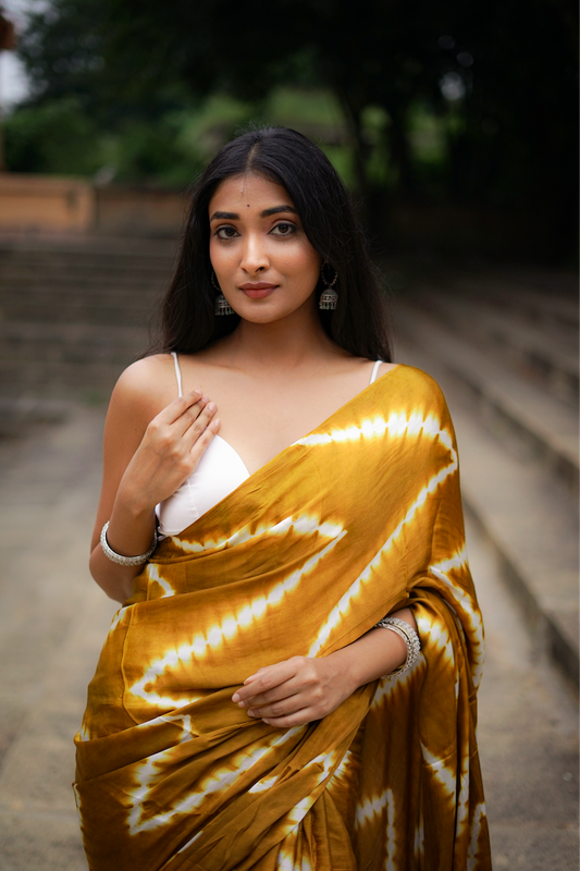 Peanut Brown Lehariya Modal Silk Shibori Saree