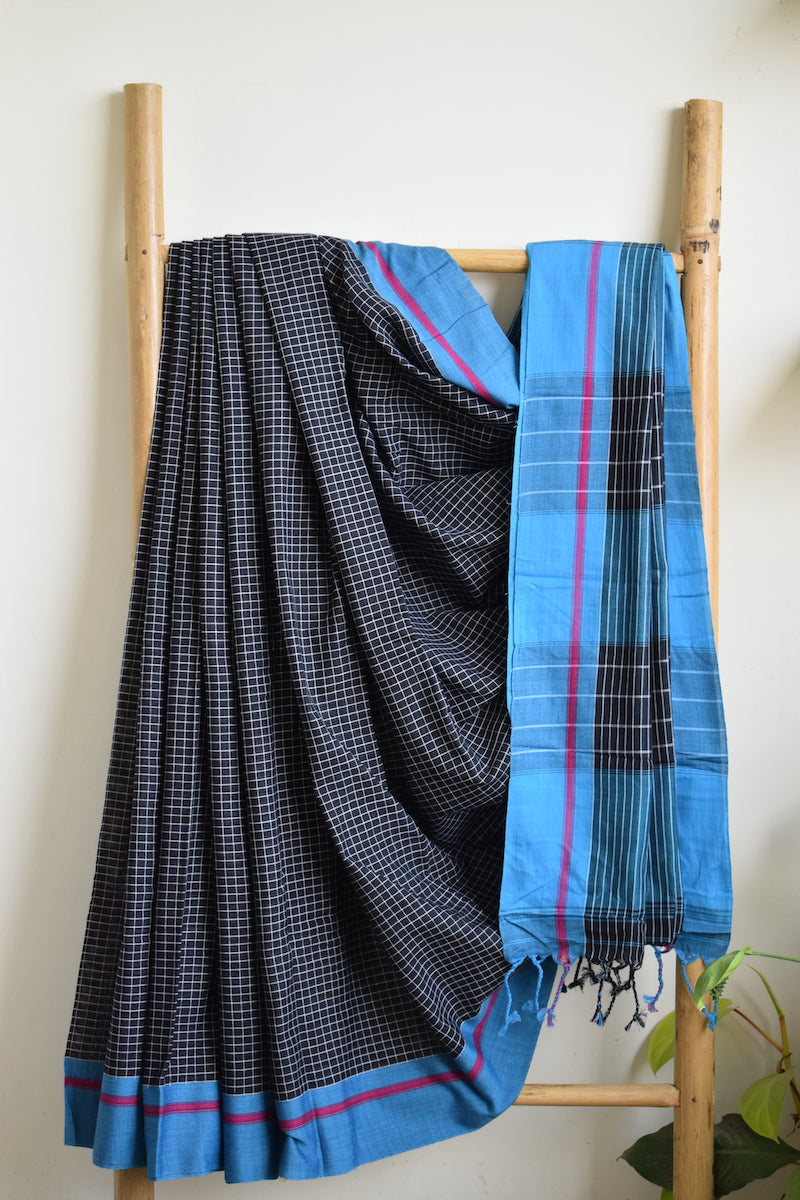 Black Pattada Anchu Cotton Saree with Blue border
