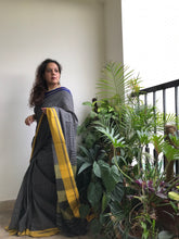 Load image into Gallery viewer, Black Pattada Anchu Cotton Saree with Blue &amp; Yellow border
