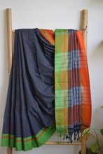 Load image into Gallery viewer, Black Pattada Anchu Cotton Saree with Orange &amp; Green border
