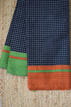 Load image into Gallery viewer, Black Pattada Anchu Cotton Saree with Orange &amp; Green border
