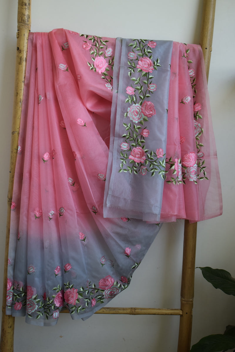 Blush Pink Semi Organza Embroidery Benarasi Saree