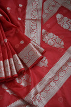 Load image into Gallery viewer, Bright Red Kora Organza Buti Benarasi Saree
