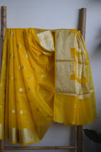 Load image into Gallery viewer, Canary Yellow Kora Organza Buti Benarasi Saree
