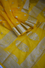 Load image into Gallery viewer, Canary Yellow Kora Organza Buti Benarasi Saree
