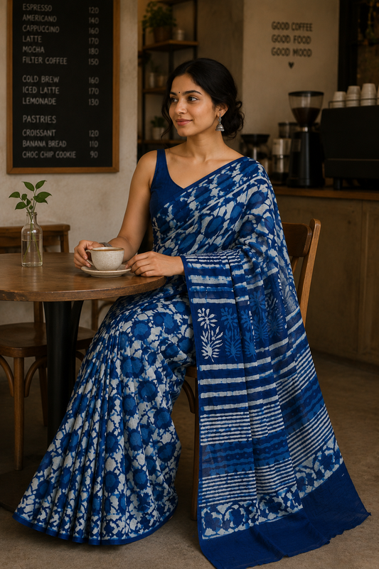 Indigo Printed Mul Cotton Saree
