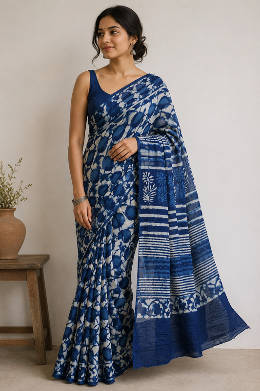 Indigo Printed Mul Cotton Saree