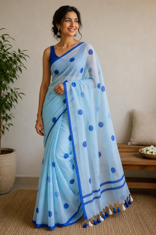 Sky Blue Polka Dots Mul Cotton Saree with tassels
