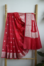 Load image into Gallery viewer, Cherry Red Kora Organza Buti Benarasi Saree

